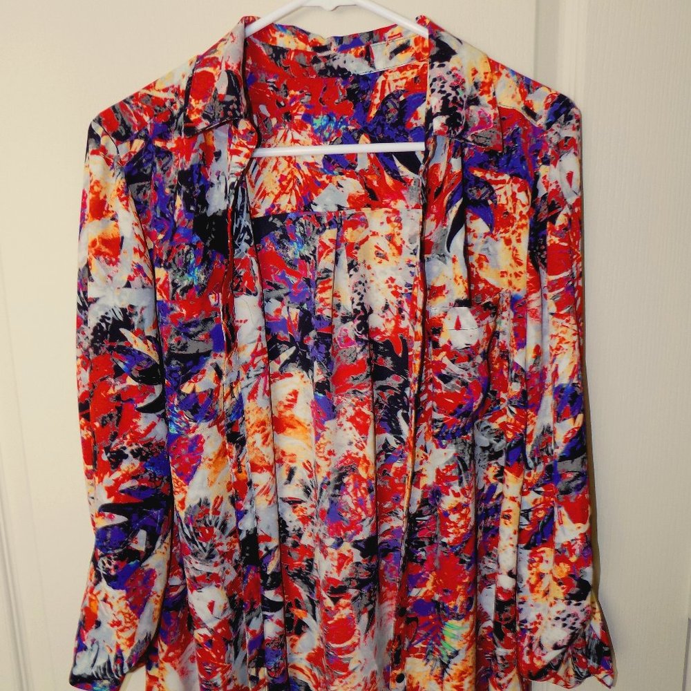 Multi-Color Abstract/Flowery Long-Sleeve Button-Up